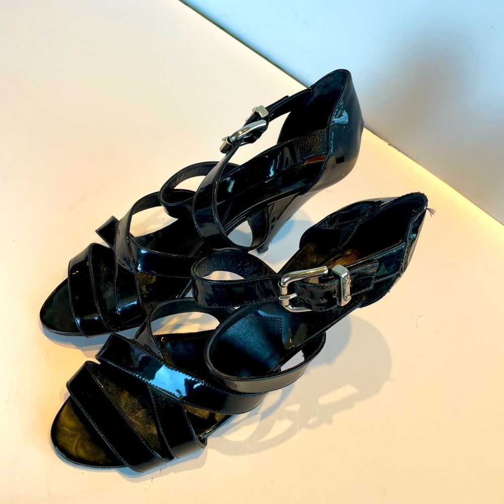 Michael Kors black patent leather strappy heels.